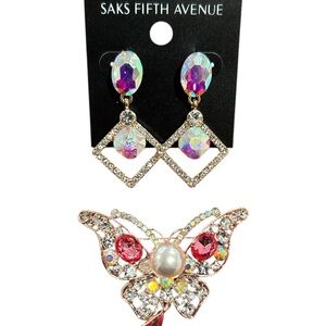 Saks Fifth Avenue Red and Pink Crystal Earrings + bonus brooch